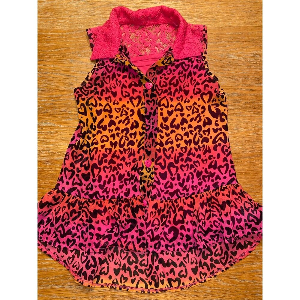 Toddler Leopard Print Sleeveless Button-Up Blouse With Lace Collar